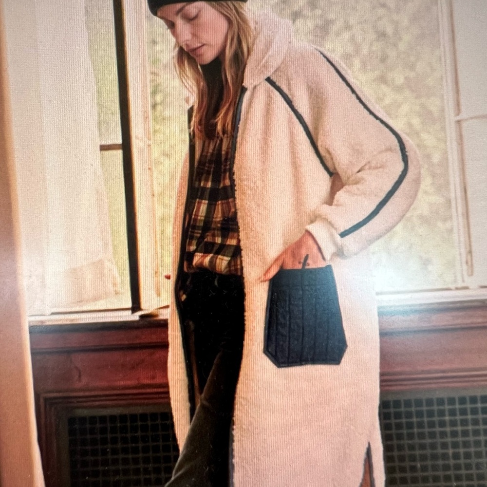 THE GREAT. Cream Teddy Jacket with Denim Details